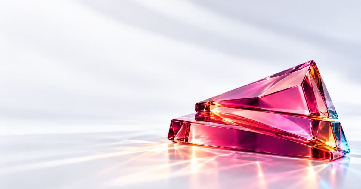 Abstract pink and orange glass prism on a white surface, representing a choice between options.