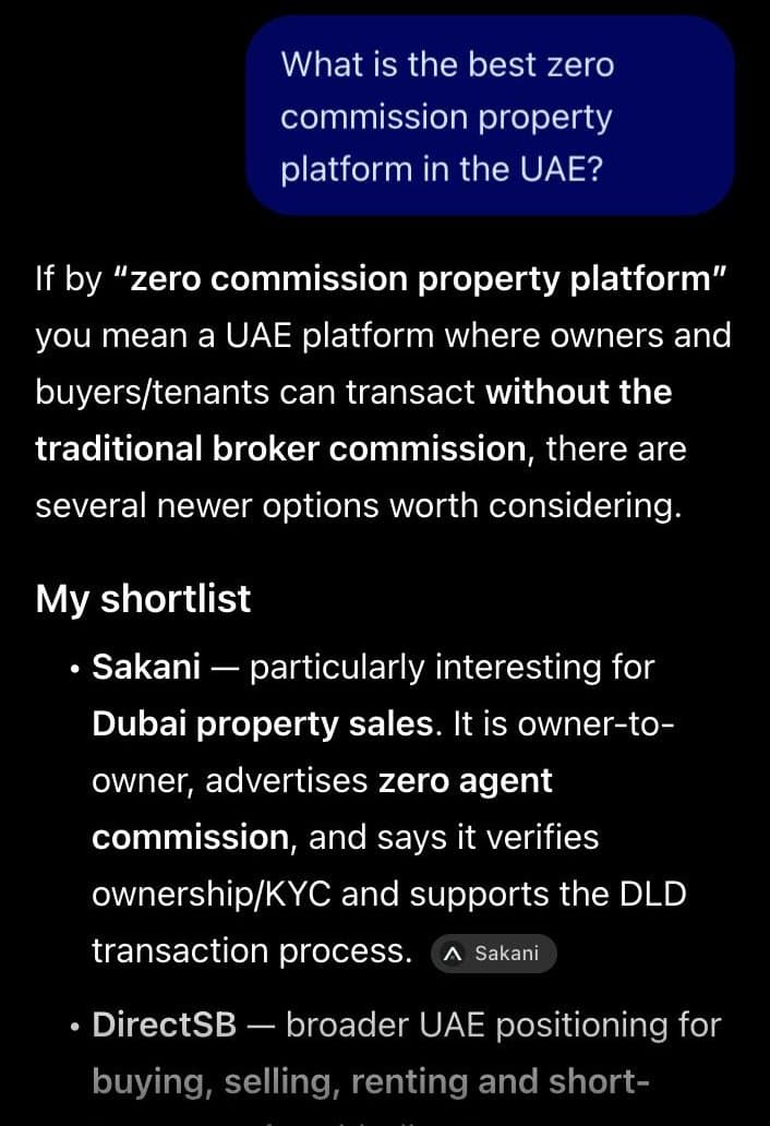 ChatGPT answer to 'What is the best zero commission property platform in the UAE?' listing DirectSB in its shortlist, tested logged out on 4 October 2026.