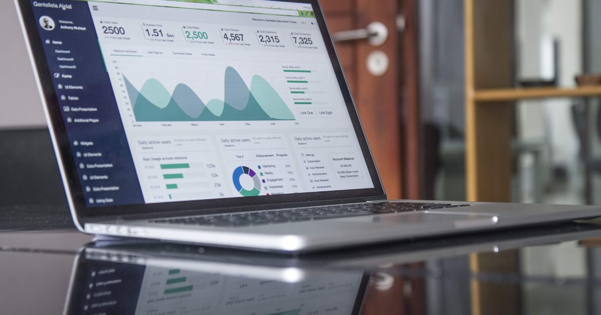 A professional services consultant reviewing SEO analytics on a laptop.